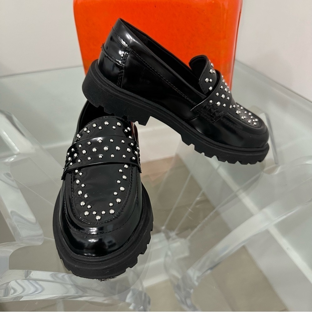 Zara Girls Black Studded Chunky Loafers SZ 12.5 Rockabilly Comfy Slip On EUC